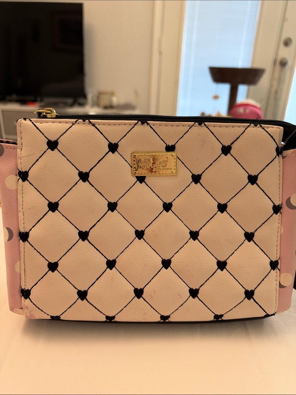 Betsey Johnson Pink Quilted Heart Crossbody with Gold Plaque